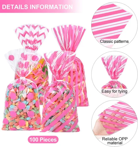 Miniatura 3 de Aodaer 100 bolsas de celofán rosa de 10.6 x 5.1 pulgadas, bolsas de plástico de celofán, bolsa de regalo con patrón de rayas de lunares, bolsa