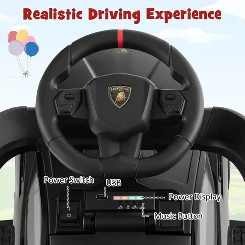 Miniatura 9 de INFANS 3 en 1 Coche de Paseo para Empujar, Silla de Paseo Licenciada Lamborghini para Bebés con Coche de Paseo Deslizante, Bocina, Música, USB, Negro
