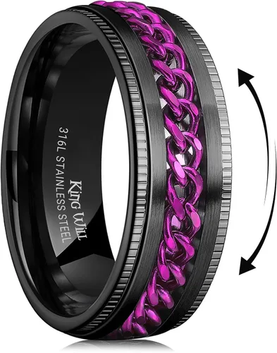 Miniatura 91 de King Will - Anillo antiestrés de acero inoxidable 316L para hombres y mujeres, con cadena decorativa giratoria, 8 mm de ancho, anillo de boda