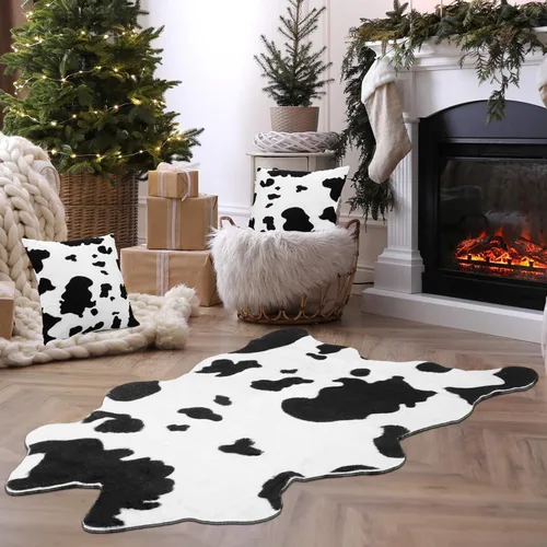 Miniatura 2 de Amylove Alfombra de piel de vaca y 2 fundas de almohada de vaca, duraderas y de gran tamaño, con estampado de piel de vaca, almohadas para sala