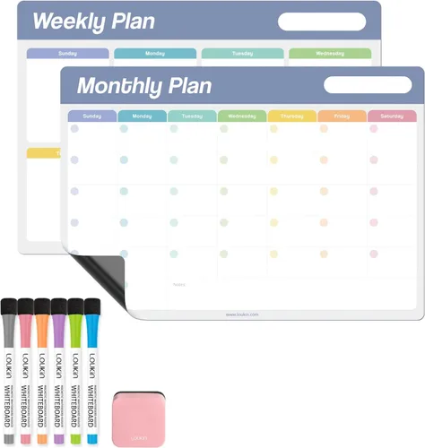 Miniatura 12 de Loukin Calendario Semanal de Borrado en Seco de 17"x11.8", Paquete de 2, Planificador de Pizarra Blanca de Adsorción Electrostática, Organizador