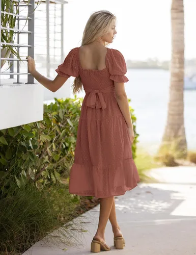 Miniatura 4 de MEROKEETY - Vestido de verano con lunares suizos para mujer vestido midi con cuello cuadrado, mangas abombadas, volados, lazo en la espalda