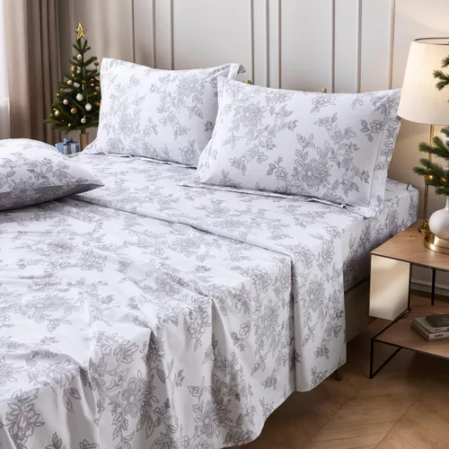 Miniatura 18 de FADFAY Juego de sábanas bajeras de tamaño individual color gris con estampado floral blanco con bolsillo profundo, súper suaves, de fácil cuidado