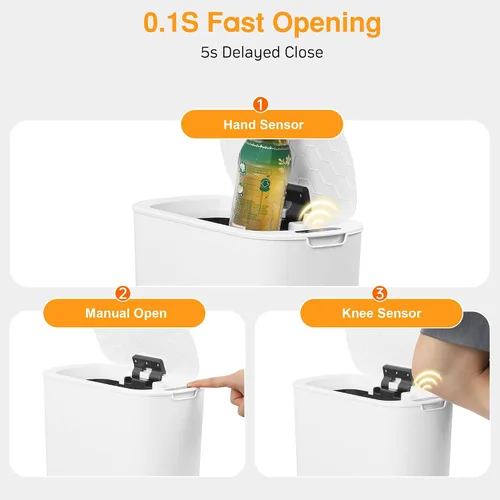Miniatura 6 de Basurero de baño con tapa de 5 galones, color blanco, sin contacto, automático, sin contacto, para cocina, dormitorio, oficina, sala de estar