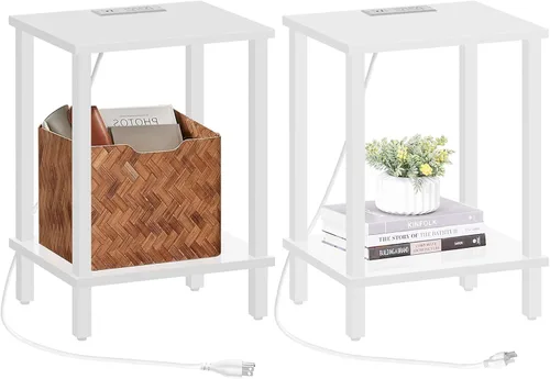 Miniatura 15 de TUTOTAK Mesa auxiliar con estación de carga, pequeña mesa auxiliar con tomas de corriente, mesita de noche, mesa de cabecera, estante de Gris beige