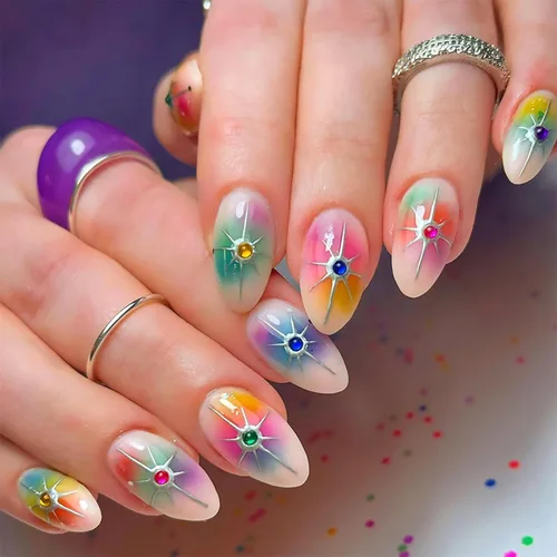 Miniatura 17 de Uñas postizas a presión de color rojo vino brillante, uñas postizas largas de almendra, uñas postizas onduladas doradas irregulares con pegamento
