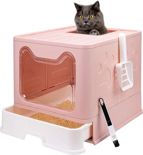 Miniatura 11 de Caja de arena plegable para gatos con tapa, orinal cerrado, inodoro grande de entrada superior antisalpicaduras, fácil de limpiar, incluye pala