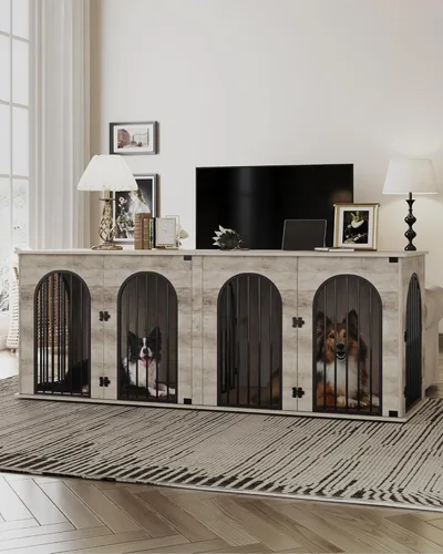 Miniatura 7 de Hzuaneri Mueble de jaula para perros de 88.4 pulgadas para 2 perros, soporte de TV para perreras de interior resistente, jaula de madera XXL