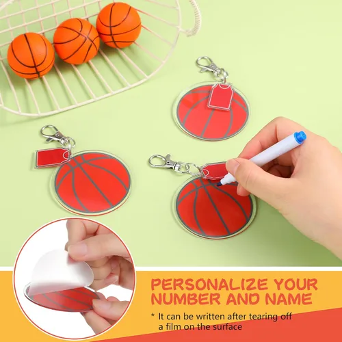 Miniatura 3 de 12 juegos de llaveros acrílicos de baloncesto en blanco, kit de bricolaje con tema de baloncesto a granel de 1.6 x 0.8 pulgadas, llavero acrílico