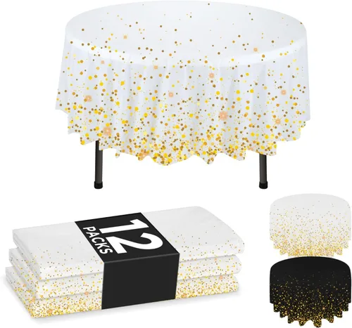 Miniatura 9 de NORZEE Paquete de 6 manteles de plástico desechables color negro, mantel de plástico de 84 pulgadas, mantel redondo color negro y dorado CONFETY