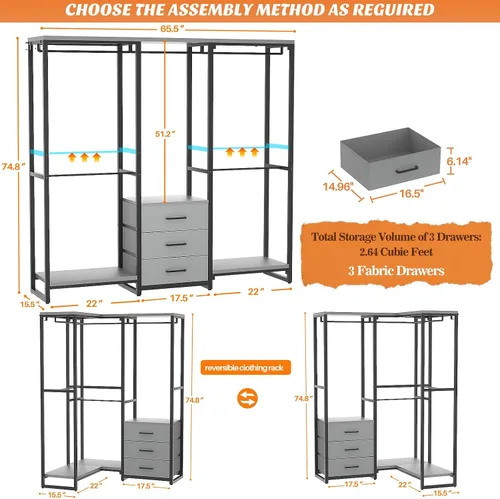 Miniatura 3 de Aheaplus Perchero de ropa resistente para colgar ropa, estante de ropa con cajones, estante de madera para armario independiente, organizador de Gris