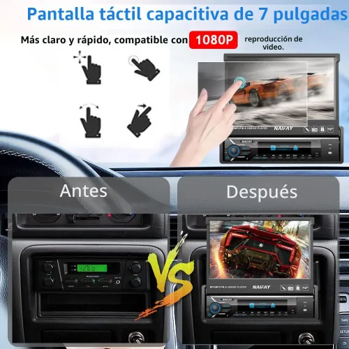 Miniatura 5 de Naifay Estéreo de coche con pantalla táctil de un solo DIN con Carplay y Android Auto, pantalla abatible de 7 pulgadas con receptores de audio