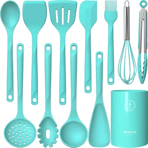 Juego de utensilios de cocina de silicona, resistentes al calor de 600 °F, juego de utensilios de cocina antiadherentes con espátulas, cucharas,