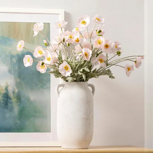Miniatura 10 de Florero de cerámica para decoración del hogar - 7.6 pulgadas, jarrones rústicos de granja de mesa con asa, decoración de sala de estar, cerámica