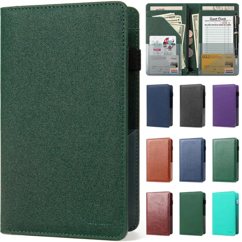 Miniatura 22 de Libreta de mesera para camarera, organizador de cuero con bolsillo con cremallera, folleto para personal de restaurante, soporte para cheques de Café