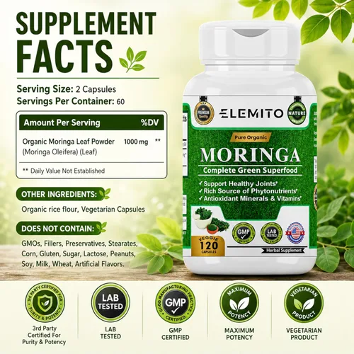 Miniatura 2 de Moringa Oleifera Cápsulas de 1000 mg Polvo de hoja de moringa pura Superalimento verde para el metabolismo y el apoyo inmunológico Sin OMG