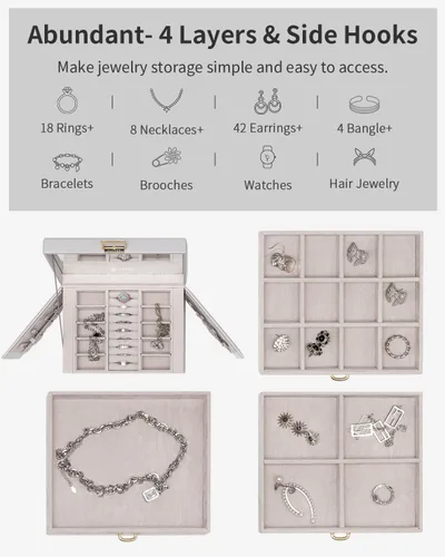 Miniatura 6 de Vlando Joyero de 4 niveles, cajas de joyería y organizadores con asa, 3 cajones de viaje con espejo, almacenamiento de joyas, aretes, collares