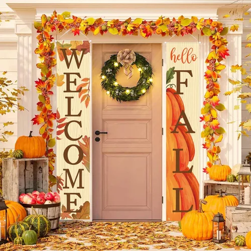 Miniatura 2 de DAZONGE Decoración de otoño, carteles de bienvenida y hola otoño para decoración de cosecha de puerta delantera, carteles colgantes para decoración