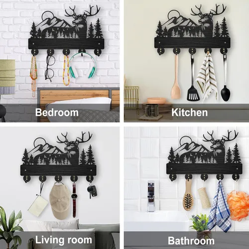 Miniatura 7 de MAYJOYDIY Perchero de pared de madera con 5 ganchos, diseño de ciervo de bosque negro, soporte para llaves y organizador para entrada, pasillo, sala