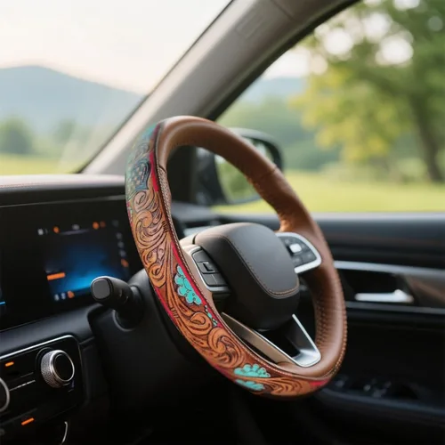 Miniatura 7 de Funda para volante de automóvil occidental de cuero troquelado estilo retro vaquero, accesorio universal de 15 pulgadas antideslizante para SUV