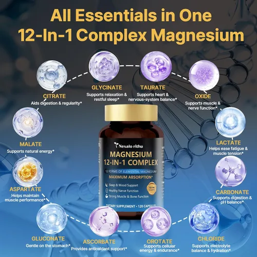 Miniatura 2 de Complejo de magnesio 12 en 1 700 mg – Complejo de magnesio 12 en 1 de alta absorción con glicinato, citrato, malato, taurato y más – Apoya la calma