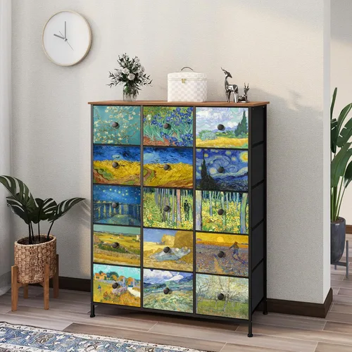 Miniatura 3 de EXOTICA - Cómoda grande con 15 cajones, cómoda alta de tela Van Gogh para dormitorio, sala de estar, entrada, armario con marco de metal resistente