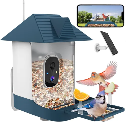 Comedero para pájaros con cámara, cámara de comedero inteligente WiFi para exteriores con reconocimiento de aves AI incorporado, energía solar,