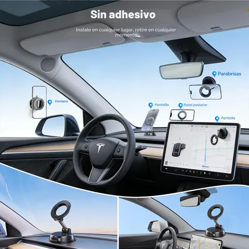 Miniatura 2 de Soporte magnético negro para teléfono para automóvil, succión al vacío e imán de 3000 gf, soporte de tablero ajustable de 360°, compatible