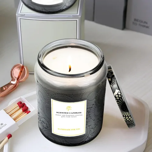 Miniatura 3 de Paquete de 9 tarros de velas en relieve de 8.8 onzas para hacer velas, recipientes de vidrio vacíos con tapas de lata y etiqueta adhesiva, etiqueta