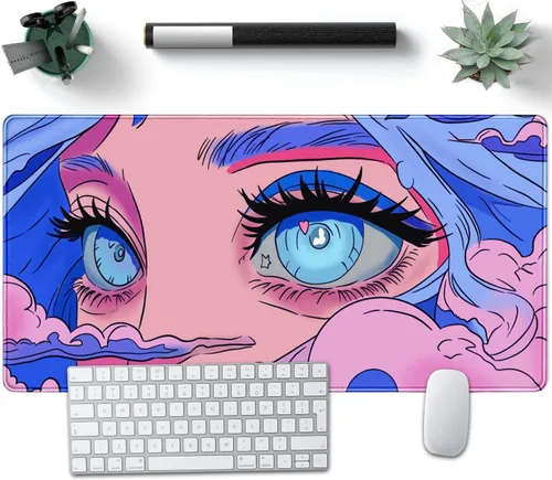 Miniatura 15 de Tapete de escritorio azul con diseño de gato kawaii, retro, vintage, grande, XXL, tapete de mouse para computadora, teclado, laptop, mouse, A5