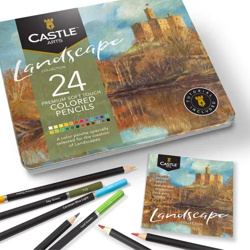 Castle Arts - Juego de 24 lápices de colores en caja de lata temática, colores perfectos para paisajes. Con núcleos de colores lisos de calidad,