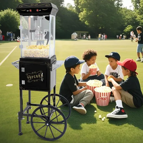 Miniatura 7 de Máquina de palomitas de maíz con carrito y ruedas, máquina para hacer palomitas de maíz con hervidor de acero inoxidable de 8 onzas, máquina de maíz