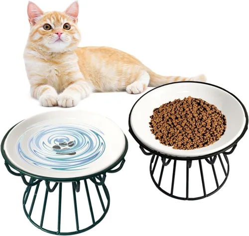 Cuencos de cerámica para gatos con soporte de metal, paquete de 2 cuencos elevados para gatos elevados para gatos y agua para gatos de interior, 【2