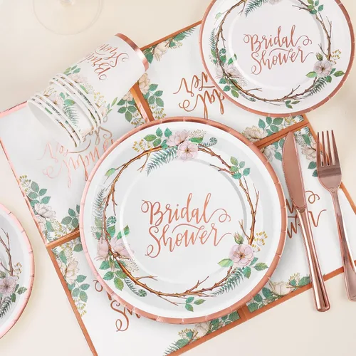 Miniatura 4 de Decoraciones de Ducha Nupcial en Oro Rosa, 168 Piezas de Platos y Servilletas para Despedida de Soltera, Platos de Papel Florales para 24, El Amor