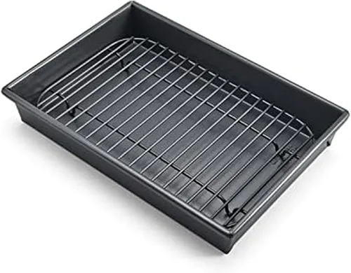 Chicago Metallic Juego de Bandeja para Asar Pequeña con Rejilla, Bandeja Antiadherente para Hornear en Horno Tostador de 10x7 pulgadas, Perfecto