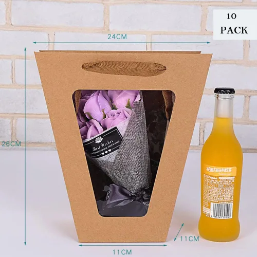 Miniatura 2 de Paquete de 10 bolsas de regalo con asas y ventana transparente, bolsas de papel kraft trapezoidales, bolsas de envoltura de ramo de flores, bolsas