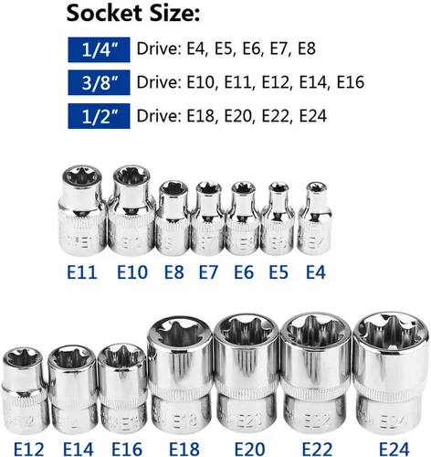 Miniatura 2 de Torx Socket Set a prueba de manipulaciones Torx Star Bit Torq Torque hembra E-socket Set E4-E24 1/4 "3/8" 1/2" Drive 14Pcs
