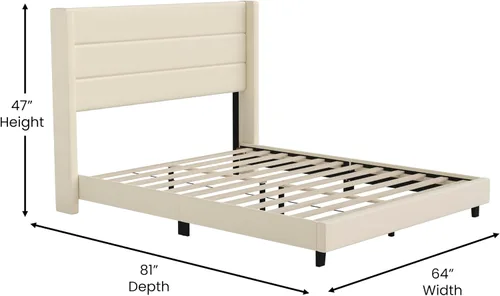 Miniatura 2 de Merrick Lane Percy - Cama de plataforma moderna, lino sintético beige, tamaño Queen, cabecero acolchado con respaldo con alas cosidas de canal