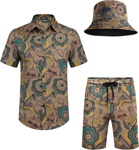 Miniatura 4 de COOFANDY Conjunto de camisa hawaiana y pantalón corto para hombre, traje de playa de 2 piezas con sombreros de pescador