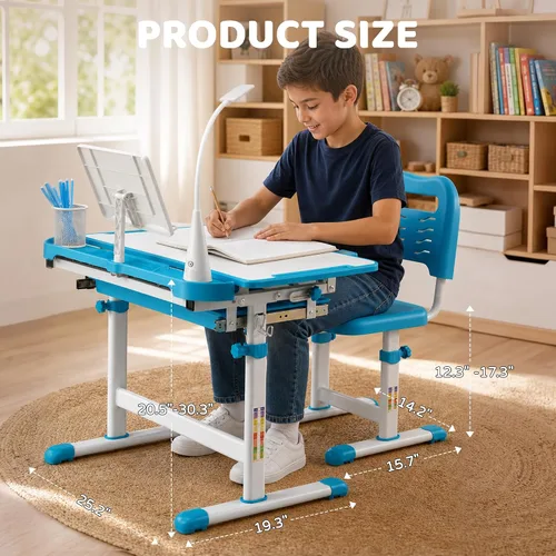 Miniatura 2 de Diroan Juego de Escritorio y Silla Funcional para Niños, Escritorio de Estudio Escolar Ergonómico de Altura Ajustable para Niños con Superficie