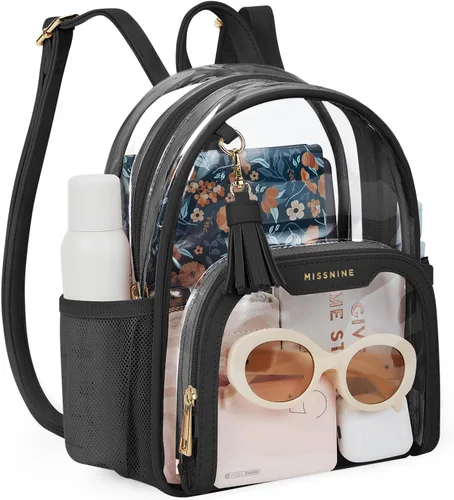 Missnine Mochila transparente aprobada para estadios, mini bolsa transparente de PVC grueso con ribete de cuero para eventos deportivos, conciertos,