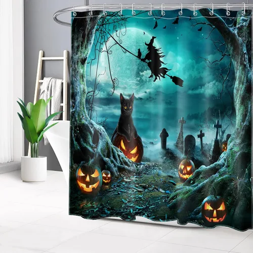 Miniatura 19 de LB Cortina de ducha espeluznante de Halloween, árbol muerto espeluznante con tela de araña de murciélago, cortina de ducha de baño con temática