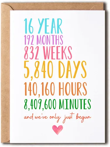 Tarjeta de aniversario 16 – Tarjeta de boda de 16 años – Tarjeta de felicitación divertida – Solo acabamos de empezar – Regalo para marido y esposa