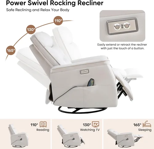 Miniatura 7 de Silla reclinable para adultos, mecedora eléctrica de piel sintética para masaje y calor, silla reclinable giratoria de gran tamaño con puertos USB