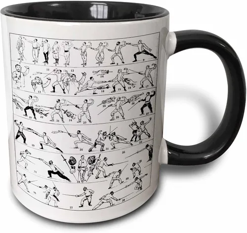 3dRose Taza de café, tamaño – 11 oz – Ilustración de esgrima vintage – Espada clásica lucha contra la espada arte vintage – divertido regalo de taza