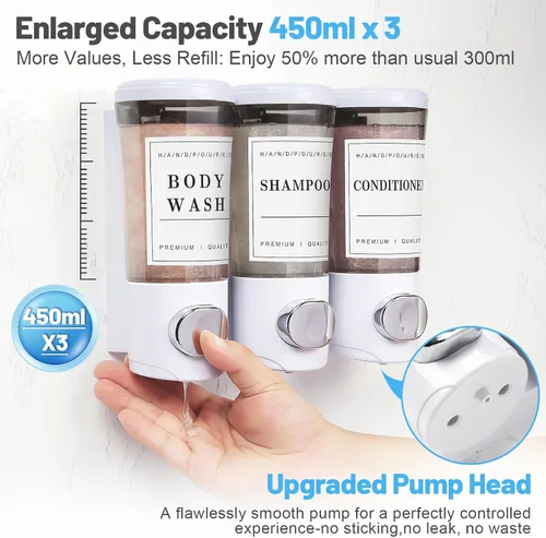 Miniatura 3 de Dispensador de champú y acondicionador de 15.2 fl oz x 3, dispensador de ducha de 3 cámaras sin taladro, dispensador de jabón de ducha montado