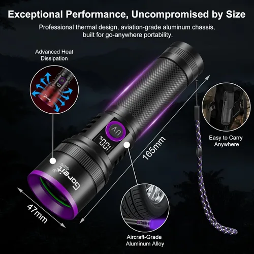 Miniatura 14 de Goreit Luz negra de 365 nm con lente de filtro, linterna de luz UV fuerte de 30 W, recargable con pantalla LCD, luz negra ultravioleta