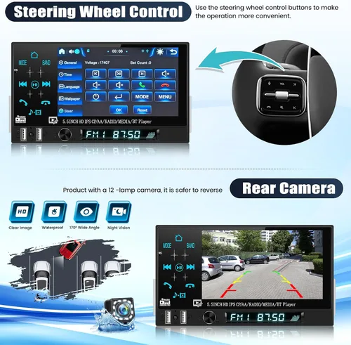 Miniatura 6 de Estéreo de coche de un solo DIN con Carplay inalámbrico y Android Auto, 5.5 "1 DIN pantalla táctil Radio de coche con Bluetooth FM Radio espejo