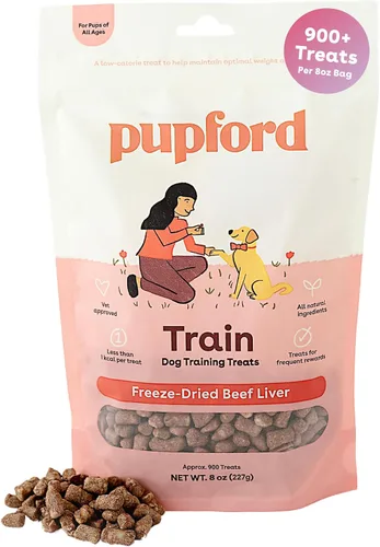 Pupford Golosinas de entrenamiento liofilizadas para perros y cachorros, más de 900 bocados de tres ingredientes (hígado de res, 8 onzas)