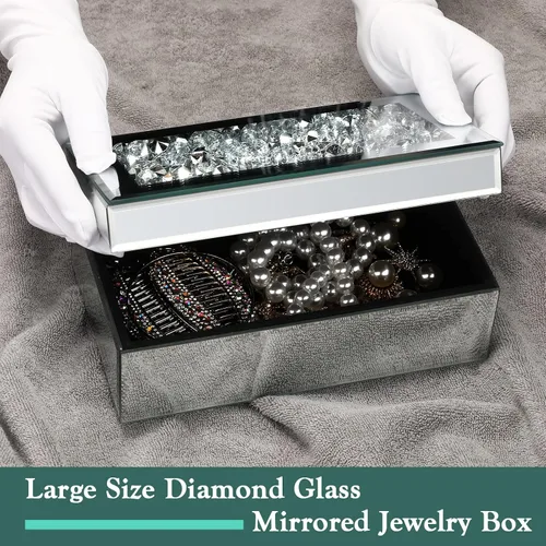 Miniatura 5 de Kenning Caja Organizadora de Joyas de Lujo con Espejo de Vidrio Triturado en Plata para Mujeres, Caja Organizadora de Anillos de Lujo